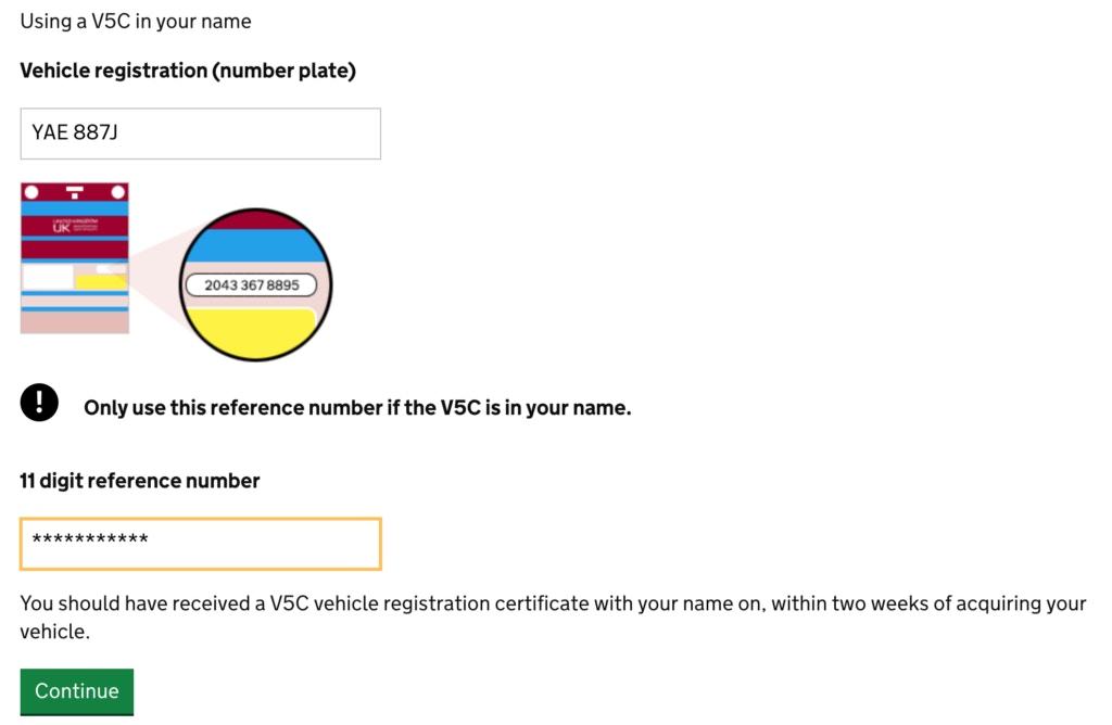 Enter vehicle reg