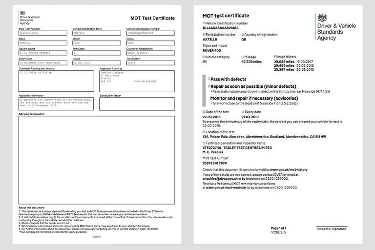 The Ultimate MOT Guide - Old Test Certificate Left and New Certificate Right