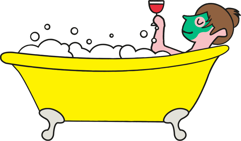 A woman with a glass of red wine in a yellow bath tub