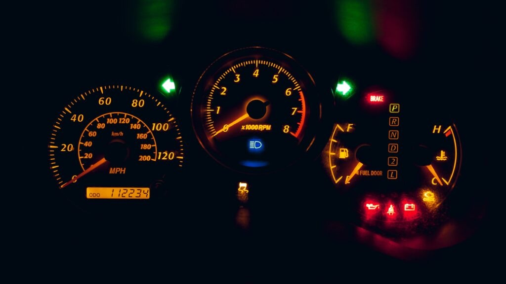 a car dashboard lit up