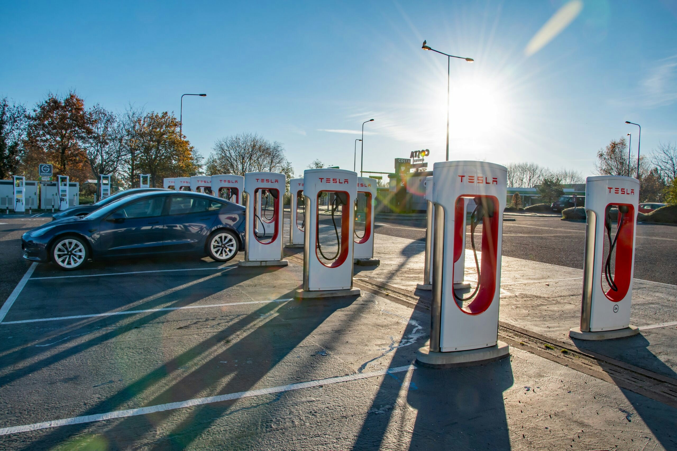 rows of tesla chargers 