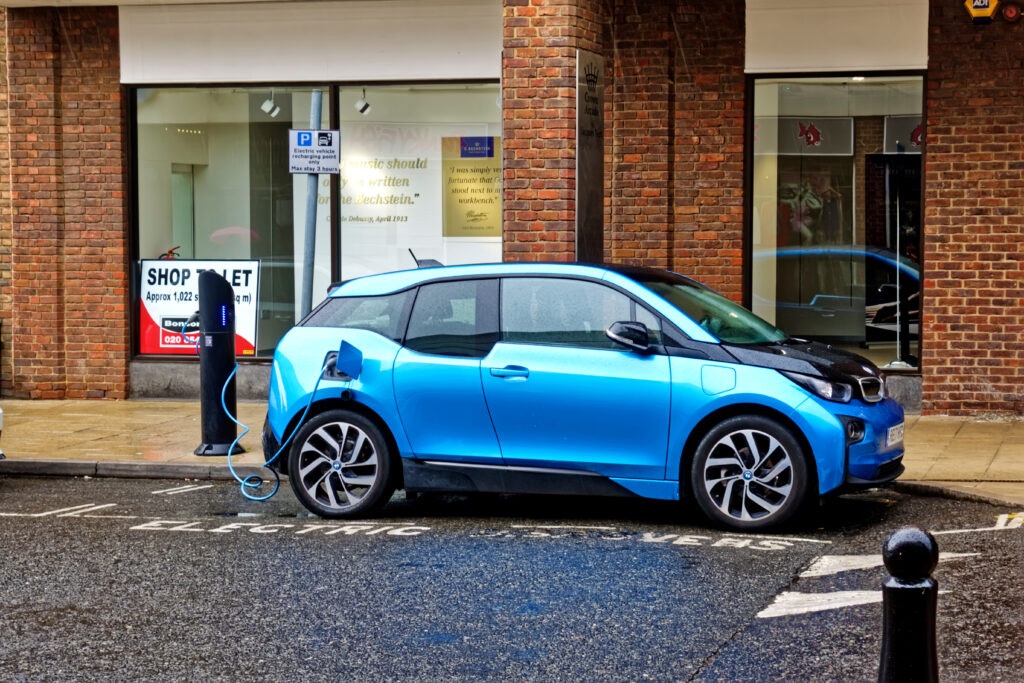 a blue BMW EV charging