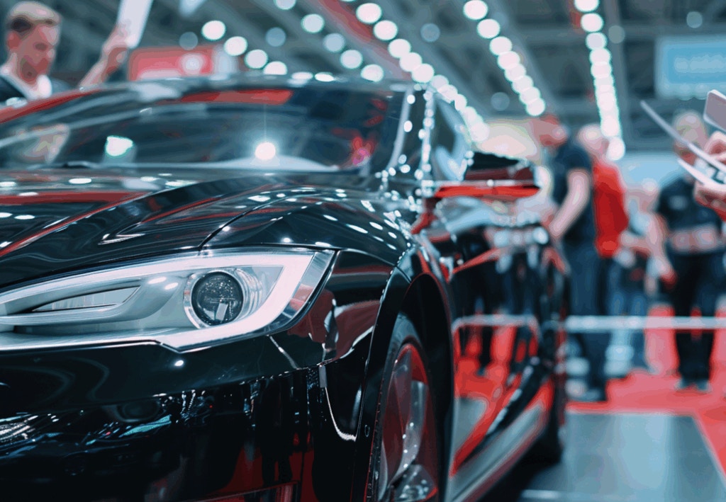 A car at an auction surrounded by people