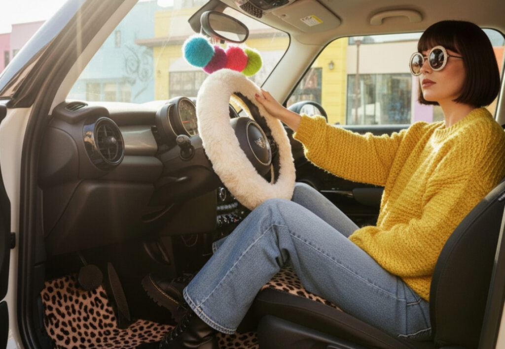 A woman in a yellow jumper sits in a customised MINI car with a fluffy steering wheel cover.