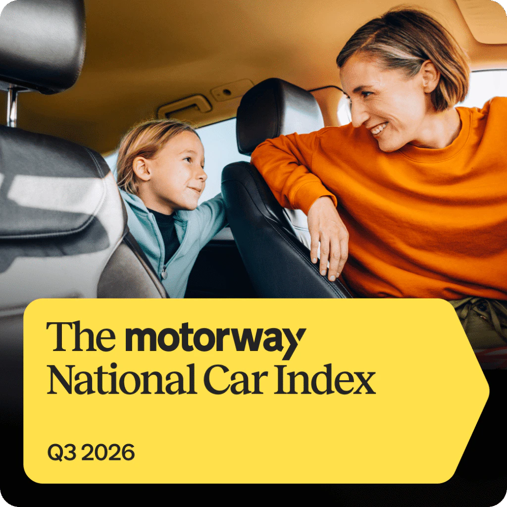 A mother smiling at her daughter inside a car, titled 'The Motorway National Car Index'